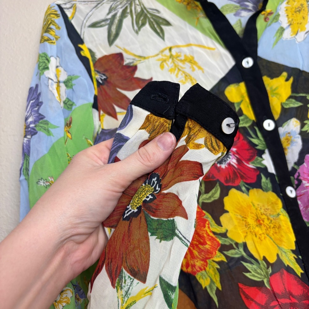 Vintage 90s Patchwork Floral Blouse Sheer Button Top Womens Small S Cottage Boho - Picture 5 of 16